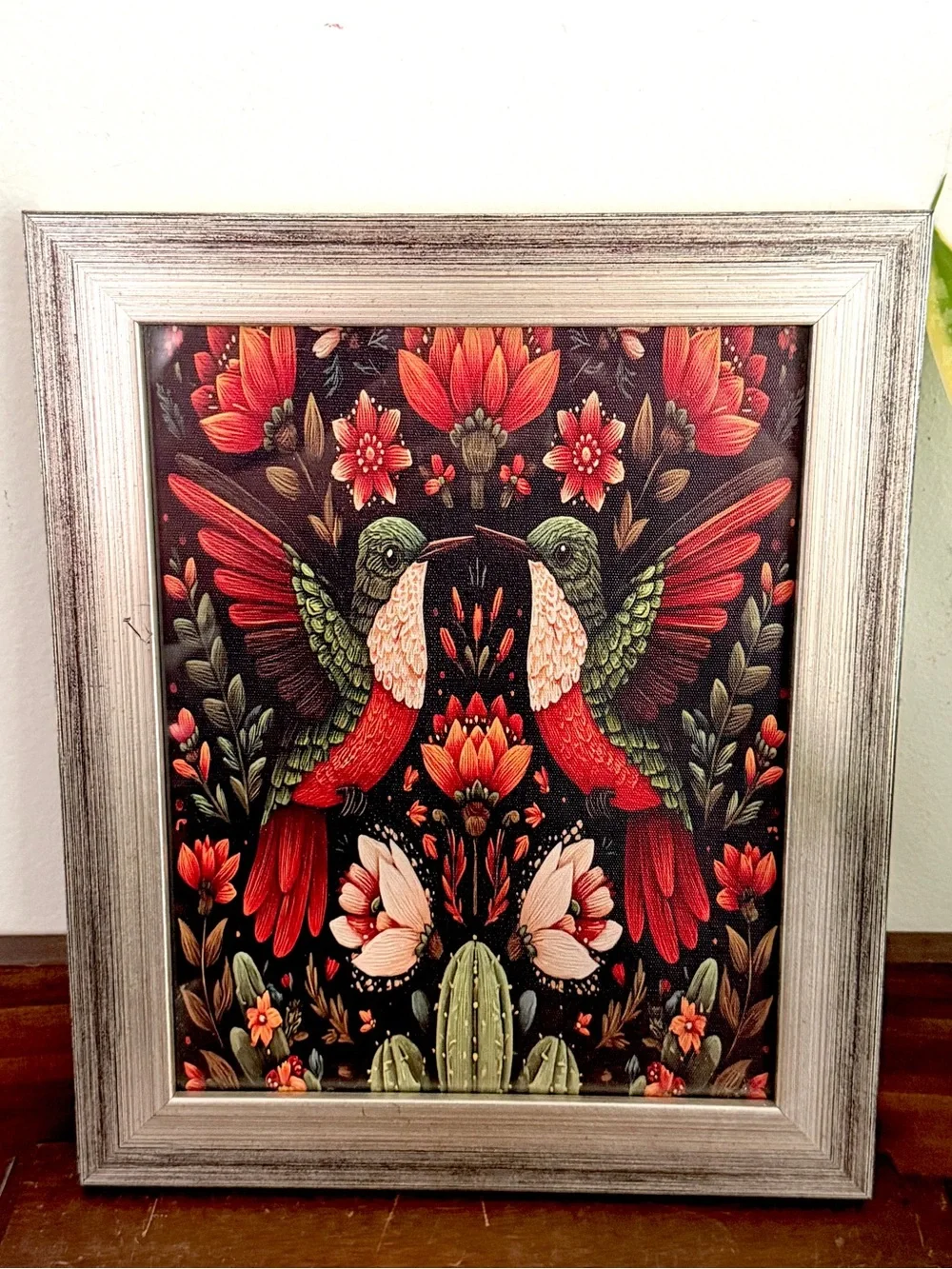 Hummingbird Floral Cactus Colorful Canvas Art Print Silver Framed Wall Hanging